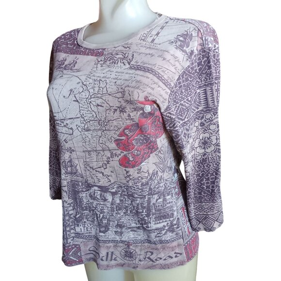 Vintage Women' Large Top Y2K Glima Silk Road Map Print Distress Thin AOP USA - Picture 4 of 7